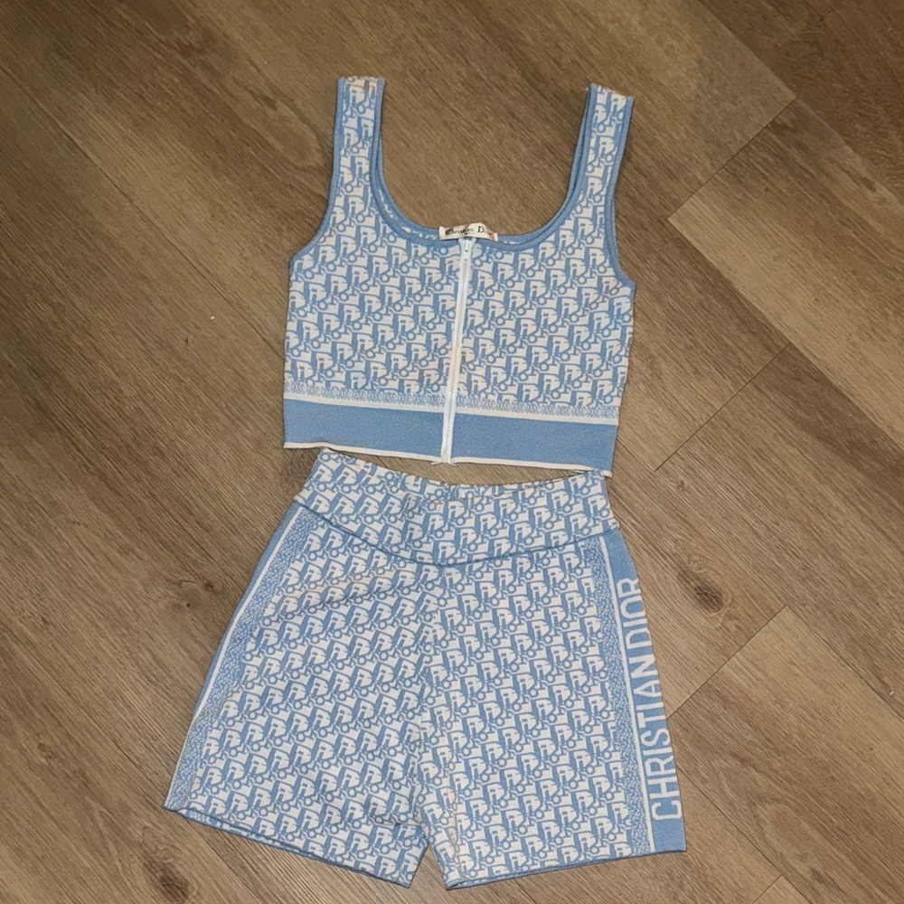 Christian Dior Blue and White Crop Top and Shorts Set